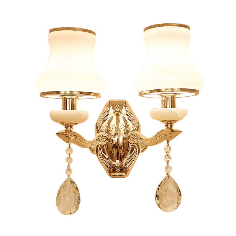 Traditional Opal Frosted Glass 1/2 Bulbs Brass Wall Sconce With Clear Crystal Drop