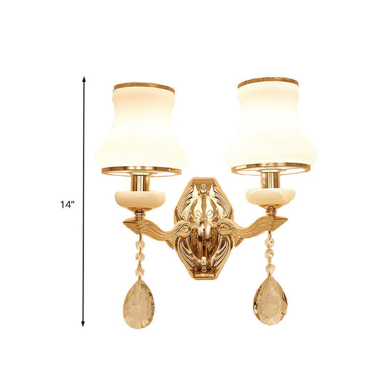 Traditional Opal Frosted Glass 1/2 Bulbs Brass Wall Sconce With Clear Crystal Drop