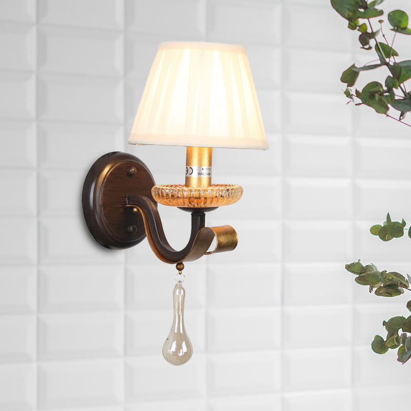 Traditional White Wall Sconce Light With Fabric Pleated Shade And Clear Glass Drop 1 /