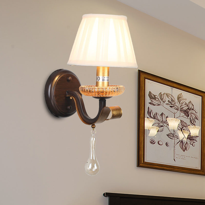 Traditional White Wall Sconce Light With Fabric Pleated Shade And Clear Glass Drop