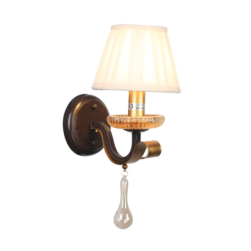 Traditional White Wall Sconce Light With Fabric Pleated Shade And Clear Glass Drop