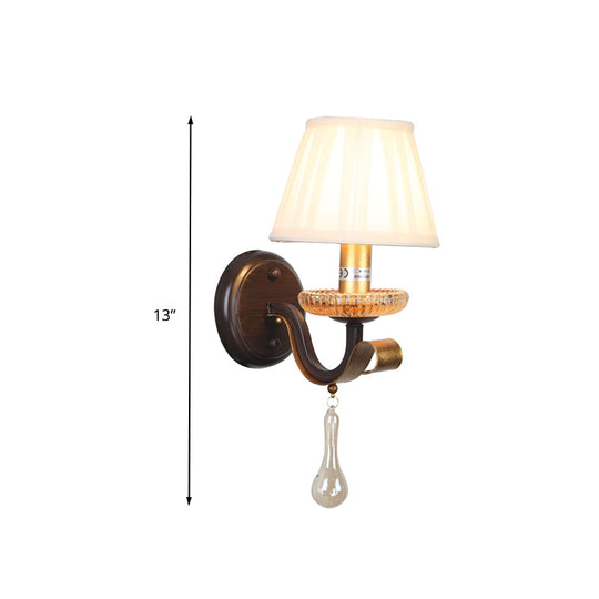 Traditional White Wall Sconce Light With Fabric Pleated Shade And Clear Glass Drop