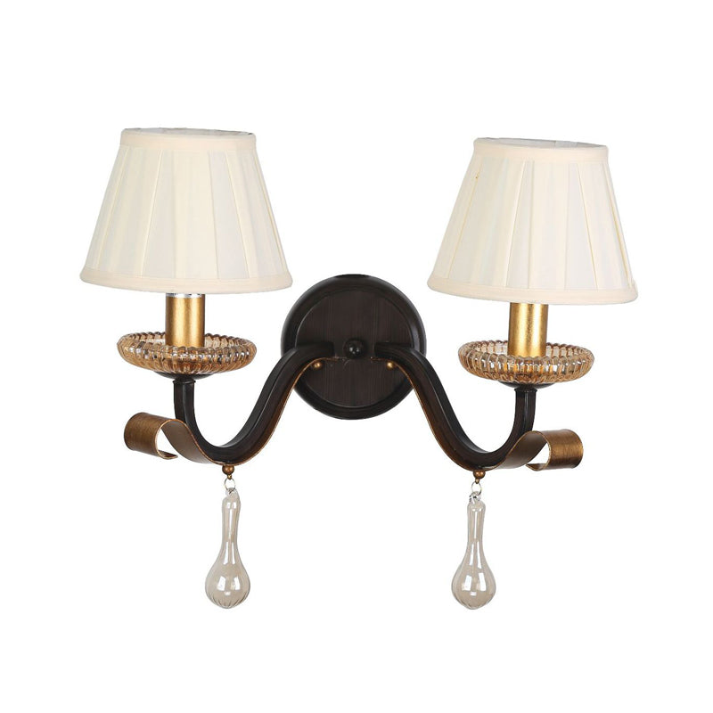 Traditional White Wall Sconce Light With Fabric Pleated Shade And Clear Glass Drop