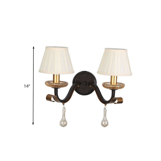 Traditional White Wall Sconce Light With Fabric Pleated Shade And Clear Glass Drop