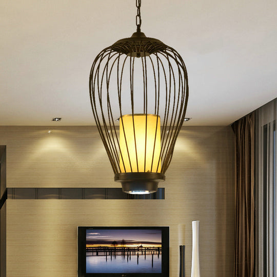 Sleek Caged Ceiling Lighting: Modern Metal Suspension Lamp - 14/18 Width Fabric Shade Black / 14