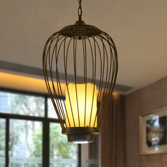 Sleek Caged Ceiling Lighting: Modern Metal Suspension Lamp - 14/18 Width Fabric Shade