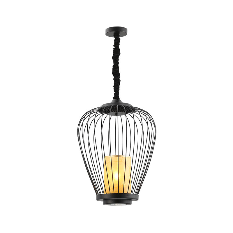 Sleek Caged Ceiling Lighting: Modern Metal Suspension Lamp - 14/18 Width Fabric Shade