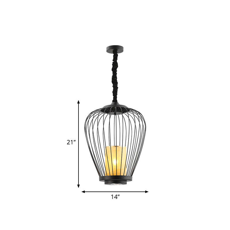 Sleek Caged Ceiling Lighting: Modern Metal Suspension Lamp - 14/18 Width Fabric Shade