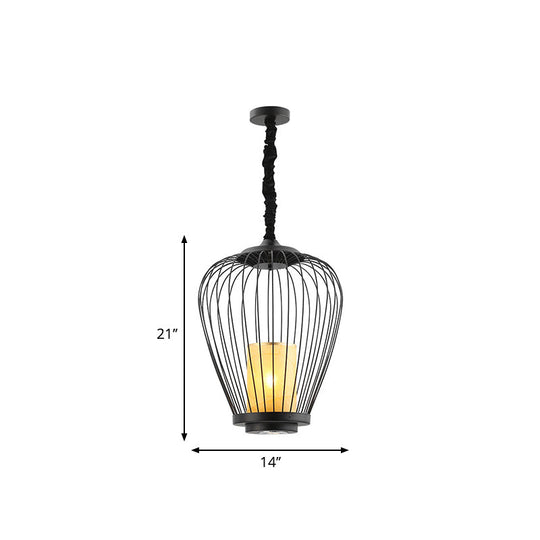 Sleek Caged Ceiling Lighting: Modern Metal Suspension Lamp - 14/18 Width Fabric Shade