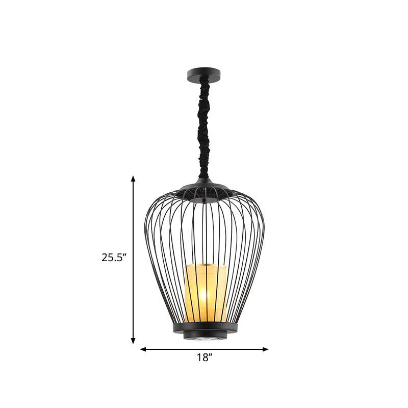 Sleek Caged Ceiling Lighting: Modern Metal Suspension Lamp - 14/18 Width Fabric Shade