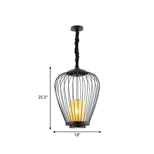 Sleek Caged Ceiling Lighting: Modern Metal Suspension Lamp - 14/18 Width Fabric Shade