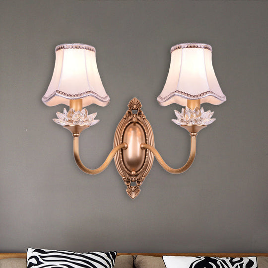 Brass Scalloped Crystal Wall Sconce - Traditional 2-Head Led Lamp For Living Room