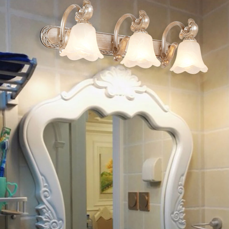 Traditional Flower Shade Vanity Wall Sconce - Milk Glass 3-Head Bathroom Light In Khaki