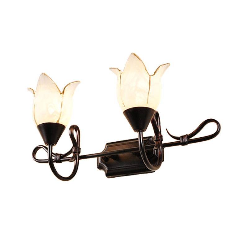 Modern 2/3-Head Vanity Light With Frosted Glass Shade - Black Finish Petal Wall Lighting