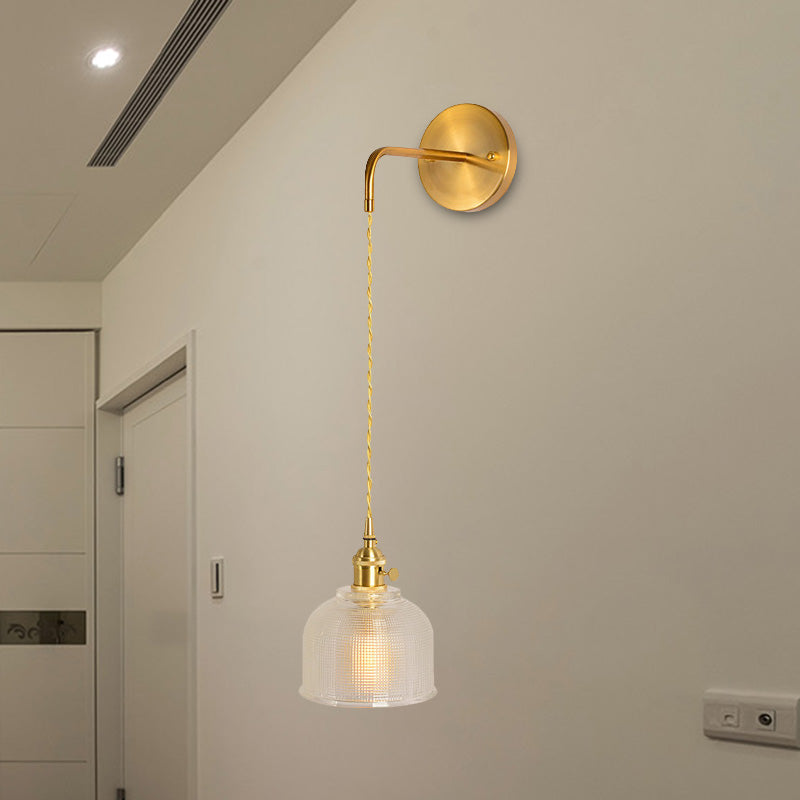 Gold Led Dome/Cone Wall Mount Sconce Light With Clear Prismatic Glass Traditional Style