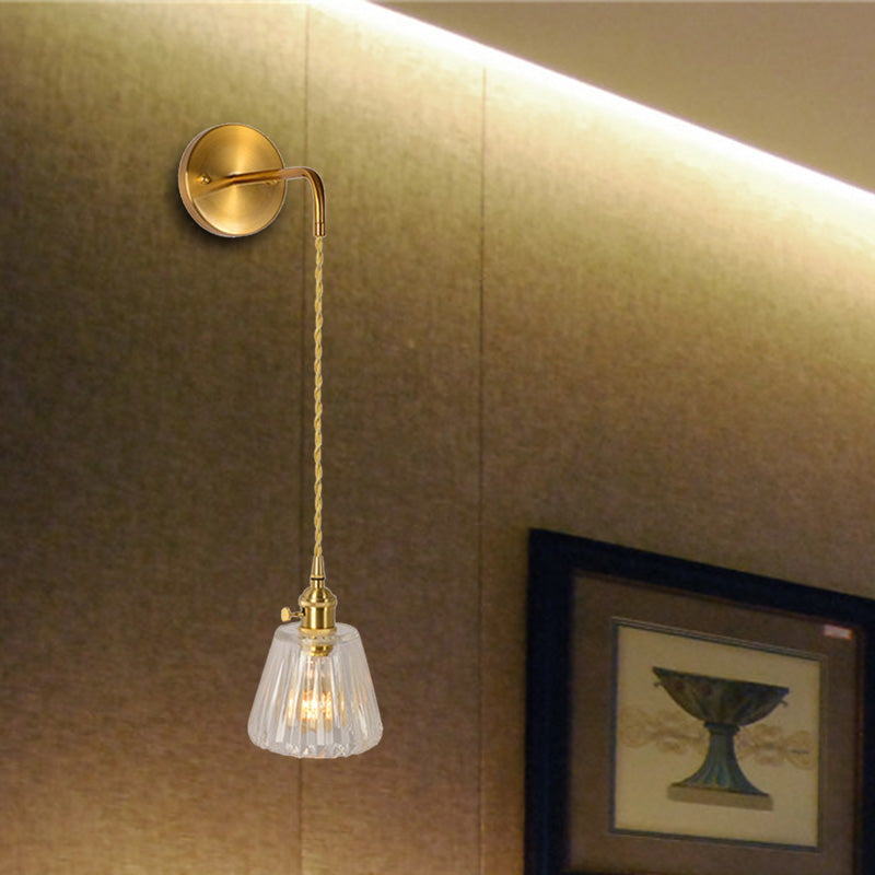 Gold Led Dome/Cone Wall Mount Sconce Light With Clear Prismatic Glass Traditional Style