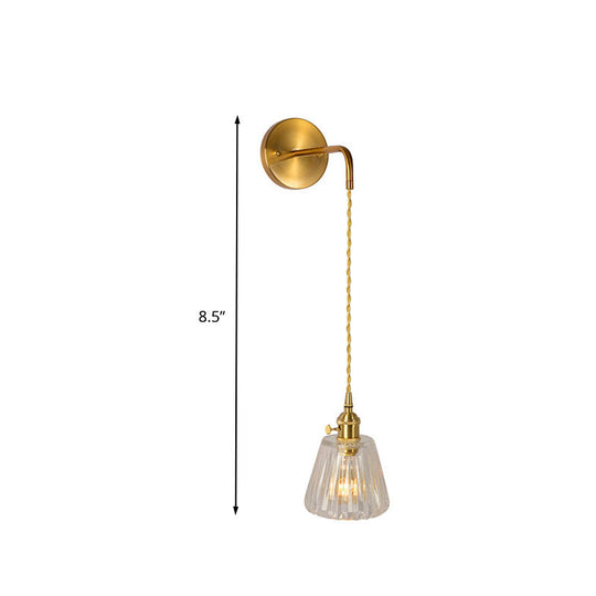 Gold Led Dome/Cone Wall Mount Sconce Light With Clear Prismatic Glass Traditional Style