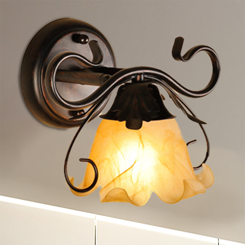 Modern Floral Yellow Glass Vanity Wall Sconce - Stylish 1/2/3-Light Black Finish Mount Lighting