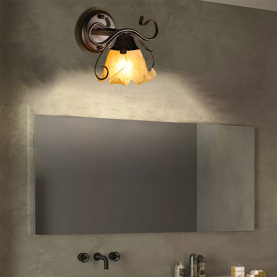 Modern Floral Yellow Glass Vanity Wall Sconce - Stylish 1/2/3-Light Black Finish Mount Lighting