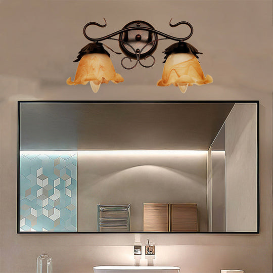 Modern Floral Yellow Glass Vanity Wall Sconce - Stylish 1/2/3-Light Black Finish Mount Lighting