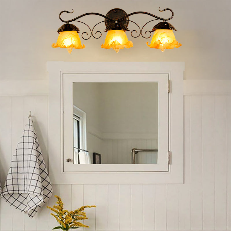 Modern Floral Yellow Glass Vanity Wall Sconce - Stylish 1/2/3-Light Black Finish Mount Lighting