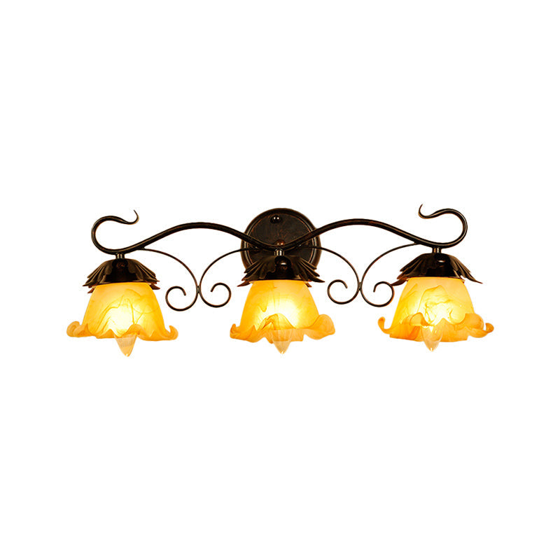 Modern Floral Yellow Glass Vanity Wall Sconce - Stylish 1/2/3-Light Black Finish Mount Lighting