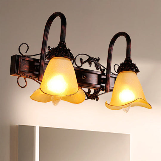 Traditional Style Red Brown Flower Vanity Sconce Light With Amber Glass Shade - 2/3 Bulbs