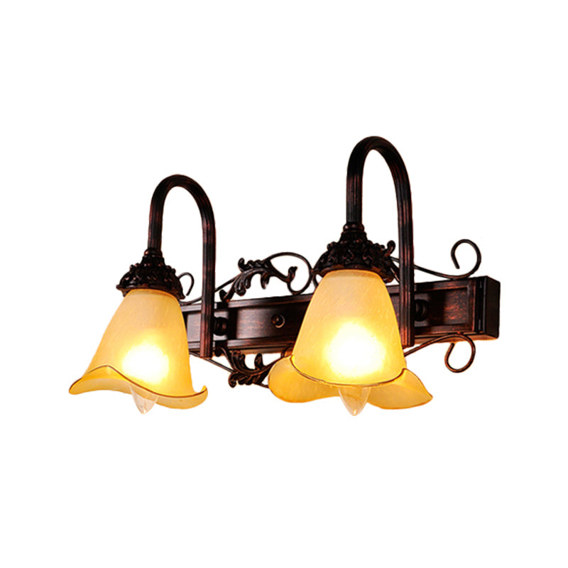 Traditional Style Red Brown Flower Vanity Sconce Light With Amber Glass Shade - 2/3 Bulbs