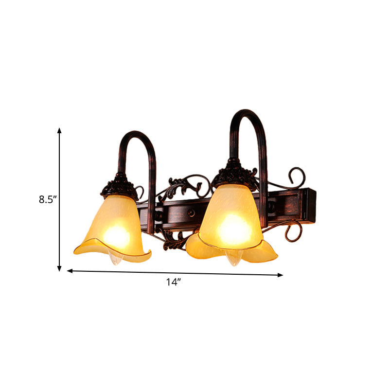 Traditional Style Red Brown Flower Vanity Sconce Light With Amber Glass Shade - 2/3 Bulbs