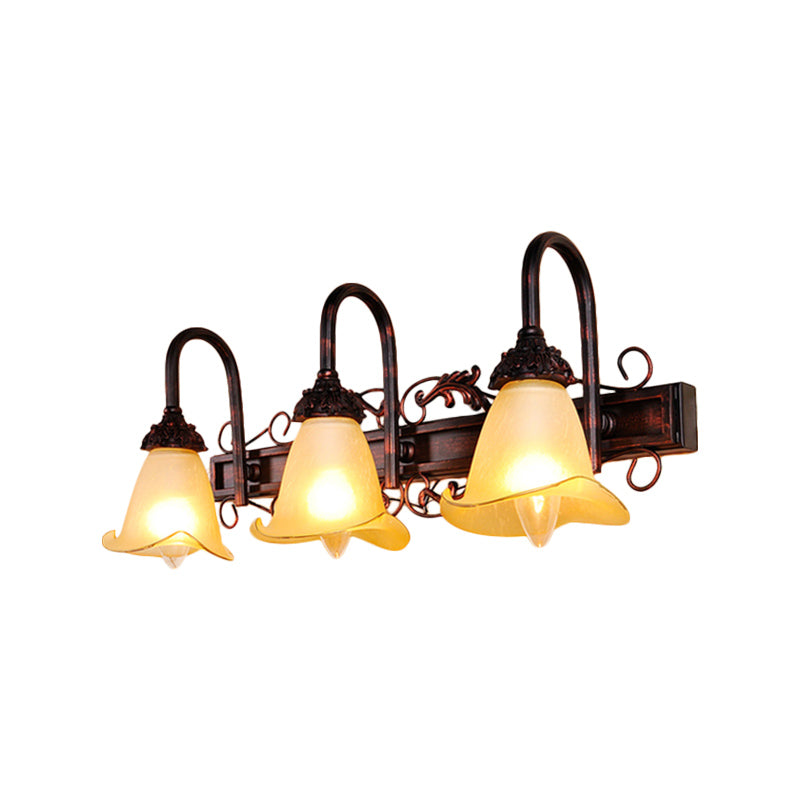 Traditional Style Red Brown Flower Vanity Sconce Light With Amber Glass Shade - 2/3 Bulbs