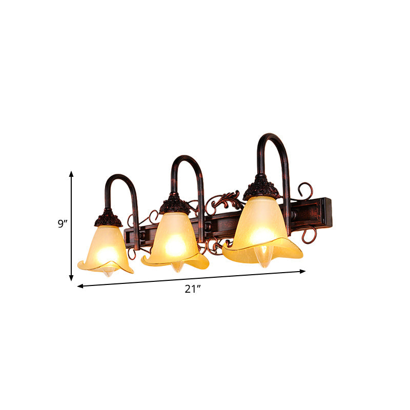 Traditional Style Red Brown Flower Vanity Sconce Light With Amber Glass Shade - 2/3 Bulbs