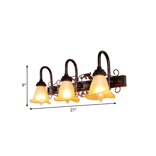 Traditional Style Red Brown Flower Vanity Sconce Light With Amber Glass Shade - 2/3 Bulbs