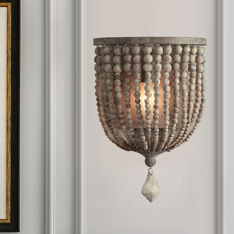 Countryside Grey Beaded Wall Mount Sconce With Light Wood Accent - Living Room Fixture