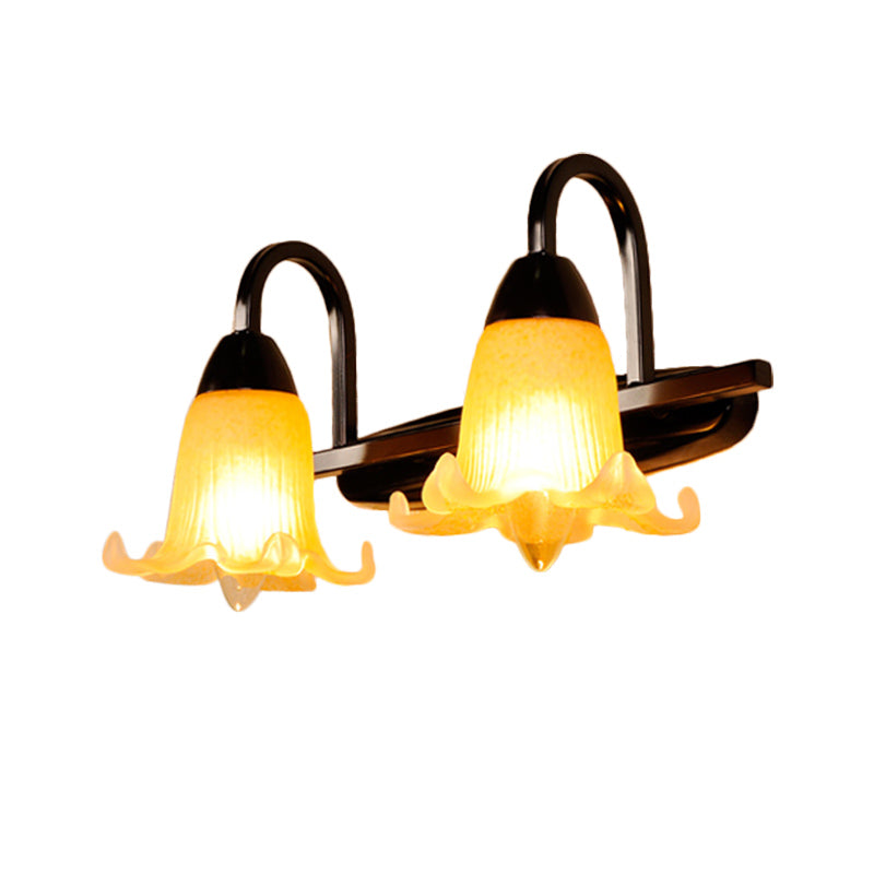 Traditional Gooseneck Wall Sconce With Amber Glass And Petal Shade - 2 Bulbs Black Finish