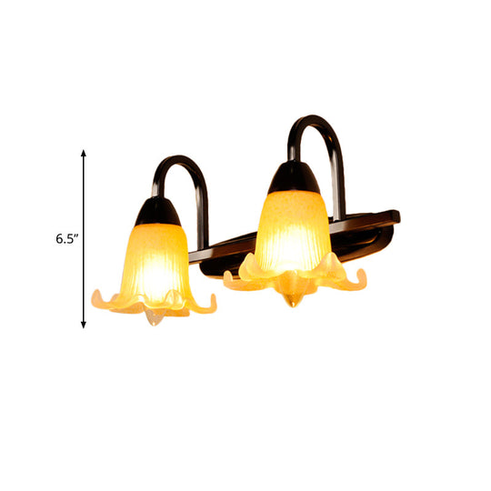 Traditional Gooseneck Wall Sconce With Amber Glass And Petal Shade - 2 Bulbs Black Finish