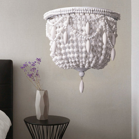 Traditional White Sconce Light Fixture - 1 Bedroom Wall Mount Lighting With Basket Wood Shade