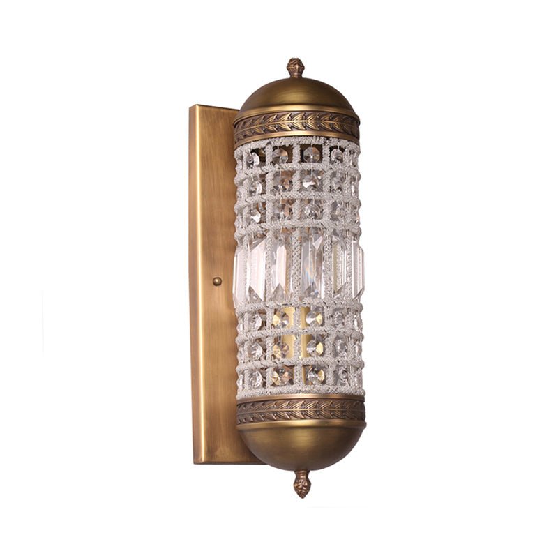 Rural Crystal Cylinder Wall Sconce In Brass - 1-Light Indoor Fixture