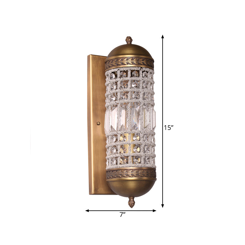 Rural Crystal Cylinder Wall Sconce In Brass - 1-Light Indoor Fixture