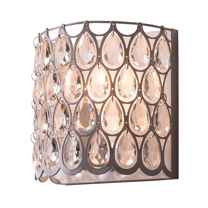 White Half-Cylinder Countryside Crystal Wall Sconce - 1 Light Bedroom Lighting Fixture