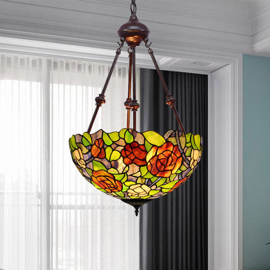 Mediterranean Stained Glass Bowl Ceiling Chandelier with 2 Red/Yellow/Green Pendant Lights