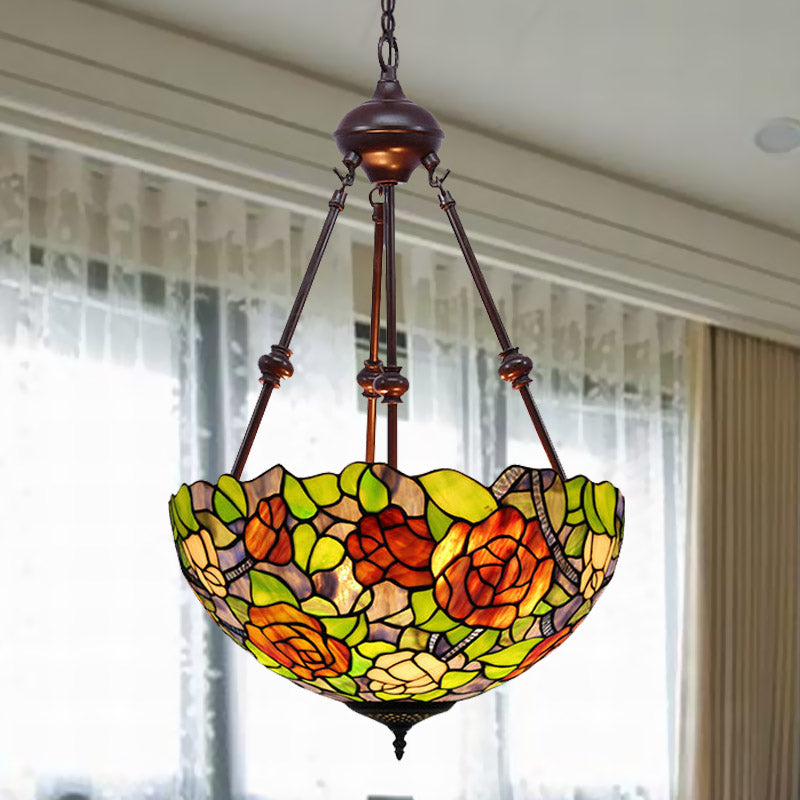 Mediterranean Stained Glass Bowl Ceiling Chandelier - 2 Lights Red/Yellow/Green Pendant Light