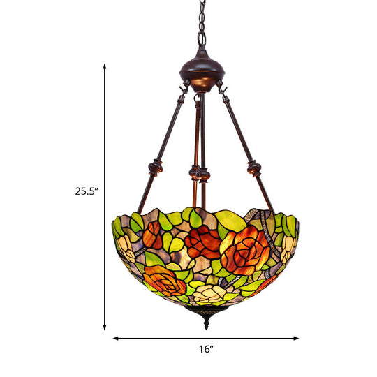 Mediterranean Stained Glass Bowl Ceiling Chandelier with 2 Red/Yellow/Green Pendant Lights