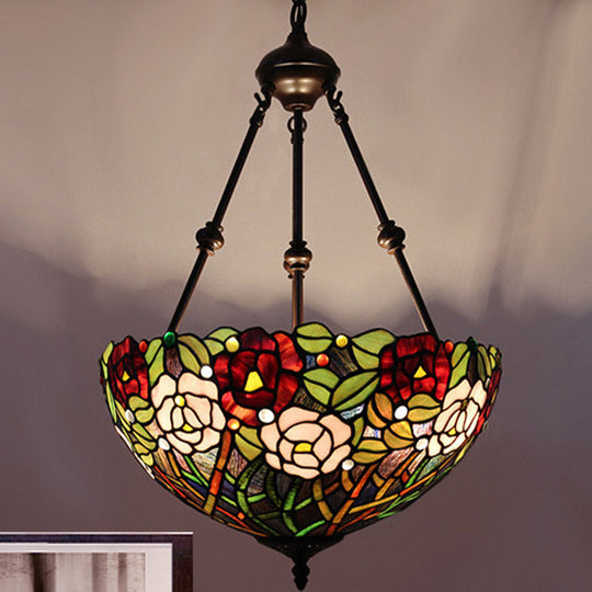 Mediterranean Stained Glass Bowl Ceiling Chandelier with 2 Red/Yellow/Green Pendant Lights