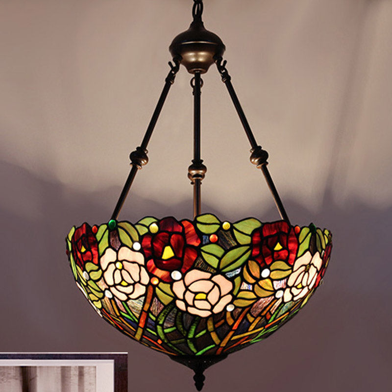 Mediterranean Stained Glass Bowl Ceiling Chandelier - 2 Lights Red/Yellow/Green Pendant Light Dark