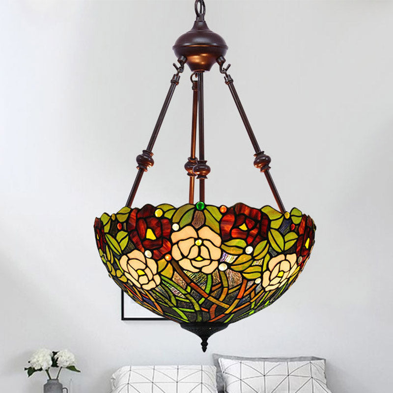 Mediterranean Stained Glass Bowl Ceiling Chandelier with 2 Red/Yellow/Green Pendant Lights