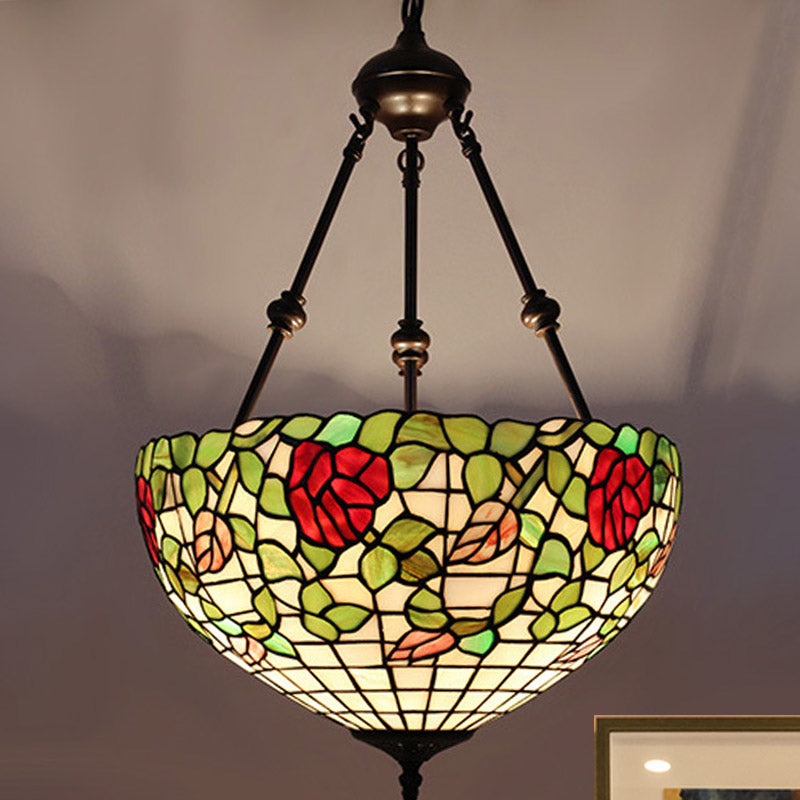 Mediterranean Stained Glass Bowl Ceiling Chandelier with 2 Red/Yellow/Green Pendant Lights