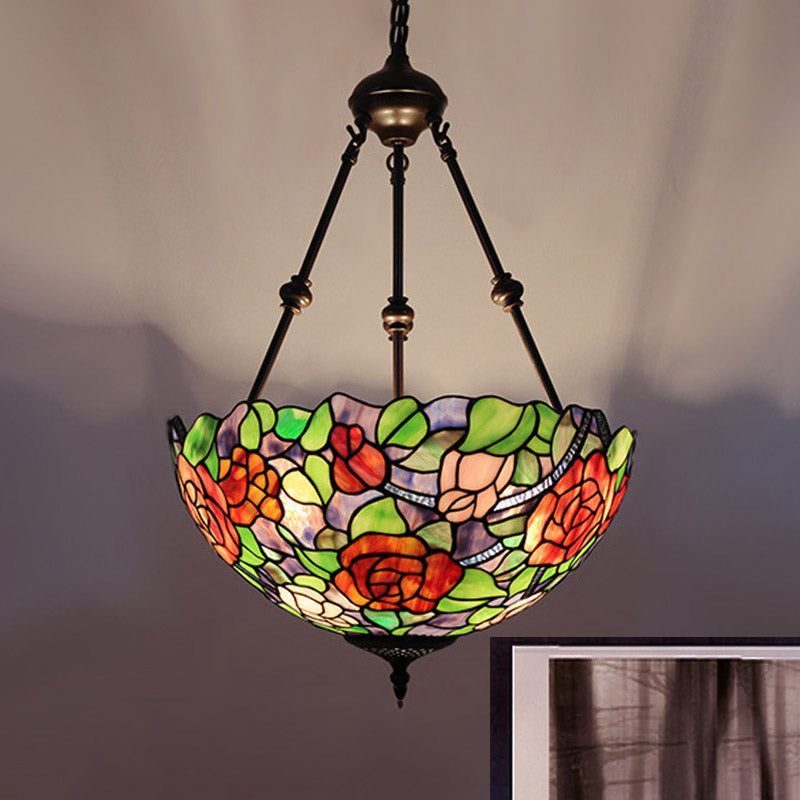 Mediterranean Stained Glass Bowl Ceiling Chandelier with 2 Red/Yellow/Green Pendant Lights