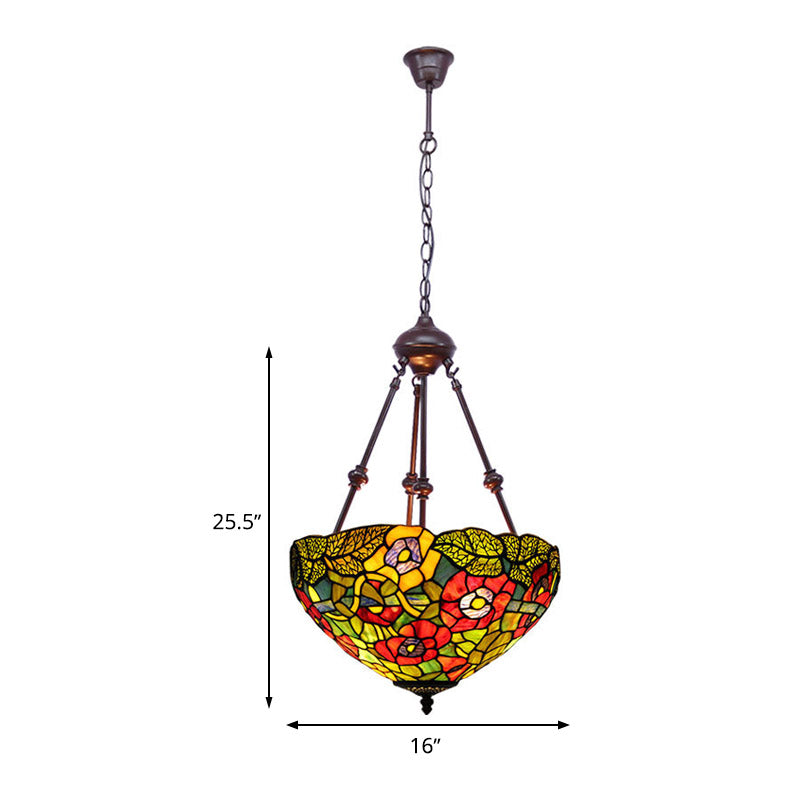 Mediterranean Stained Glass Bowl Ceiling Chandelier with 2 Red/Yellow/Green Pendant Lights