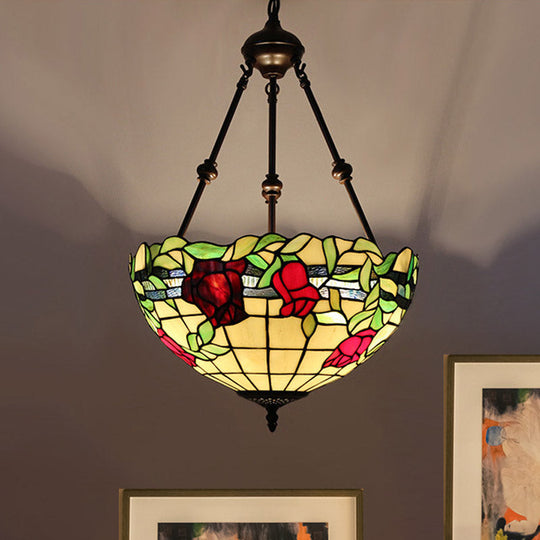 Mediterranean Stained Glass Bowl Ceiling Chandelier with 2 Red/Yellow/Green Pendant Lights