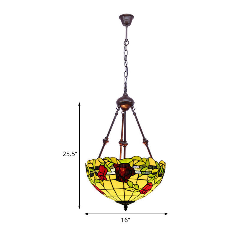 Mediterranean Stained Glass Bowl Ceiling Chandelier - 2 Lights Red/Yellow/Green Pendant Light